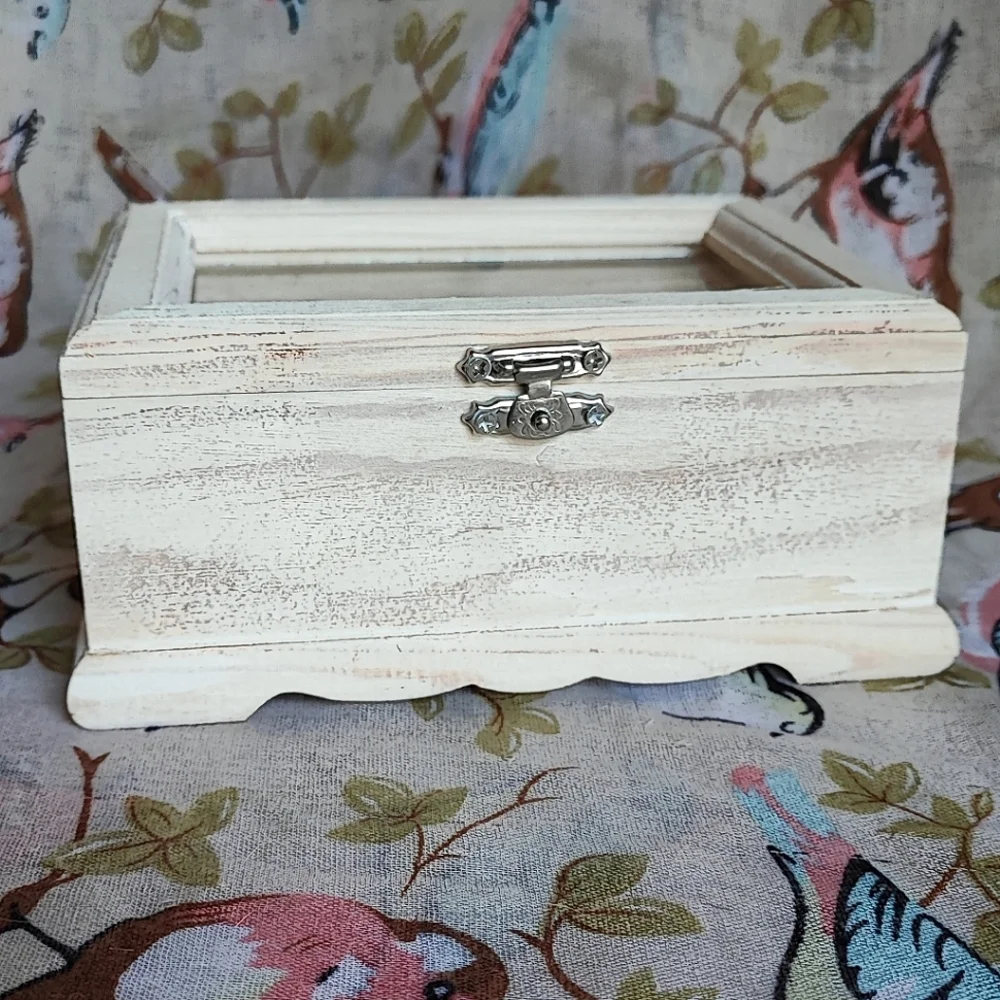 Raw Wood Unfinished Wooden Wood Jewelry Craft Stash Box Glass Lid Photograph NEW